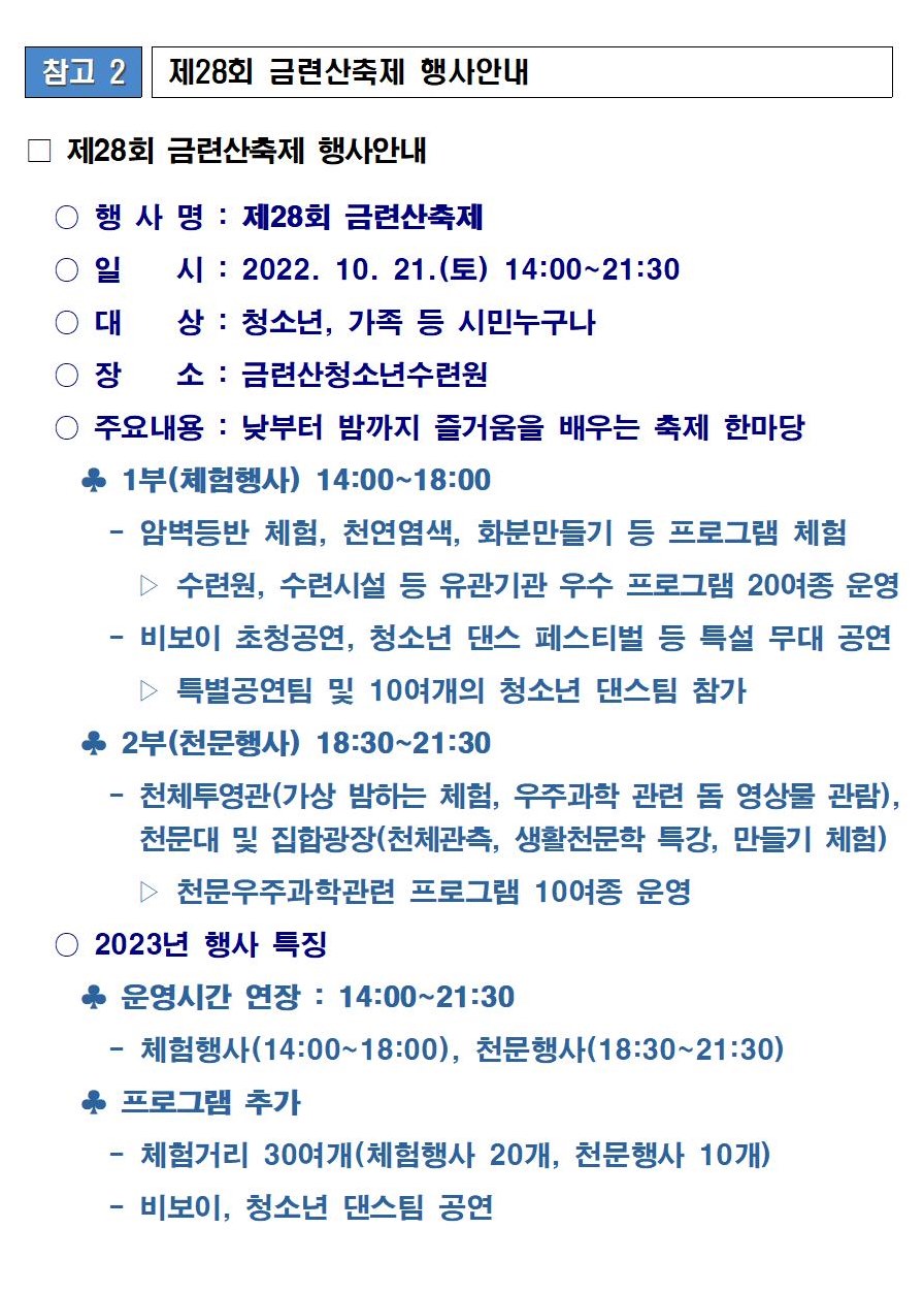 참고 2 제28회 금련산축제 행사안내 제28회 금련산축제 행사안내
        행사명 : 제28회 금련산축제
        일 시 : 2022. 10. 21.(E) 14:00~21:30
        대 상 : 청소년, 가족 등 시민누구나
        장 소 : 금련산청소년수련원
        주요내용 : 낮부터 밤까지 즐거움을 배우는 축제 한마당 
        1부(체험행사) 14:00~18:00
        암벽등반 체험, 천연염색, 화분만들기 등 프로그램 체험 
        수련원, 수련시설 등 유관기관 우수 프로그램 20여종 운영 
        - 비보이 초청공연, 청소년 댄스 페스티벌 등 특설 무대 공연 특별공연팀 및 10여개의 청소년 댄스팀 참가
        2부(천문행사) 18:30~21:30
        천체투영관(가상 밤하는 체험, 우주과학 관련 돔 영상물 관람), 천문대 및 집합광장(천체관측, 생활천문학 특강, 만들기 체험)
        천문우주과학관련 프로그램 10여종 운영
        2023년 행사 특징
        운영시간 연장: 14:00~21:30
        체험행사(14:00~18:00), 천문행사(18:30~21:30)
        프로그램 추가
        ·체험거리 30여개(체험행사 20개, 천문행사 10개)
        - 비보이, 청소년 댄스팀 공연
        