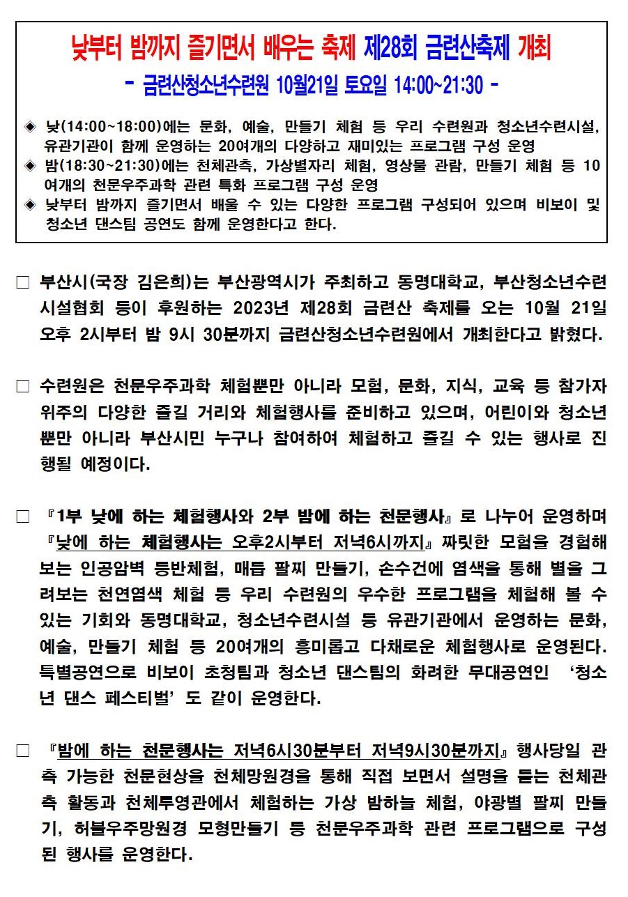 낮부터 밤까지 즐기면서 배우는 축제 제28회 금련산축제 개최
금련산청소년수련원 10월21일 토요일 14:00~21:30 -
◆ 낮(14:00~18:00)에는 문화, 예술, 만들기 체험 등 우리 수련원과 청소년수련시설, 유관기관이 함께 운영하는 20여개의 다양하고 재미있는 프로그램 구성 운영
◆ 밤(18:30~21:30)에는 천체관측, 가상별자리 체험, 영상물 관람, 만들기 체험 등 10 여개의 천문우주과학 관련 특화 프로그램 구성 운영
◆ 낮부터 밤까지 즐기면서 배울 수 있는 다양한 프로그램 구성되어 있으며 비보이 및 청소년 댄스팀 공연도 함께 운영한다고 한다.
□ 부산시(국장 김은희)는 부산광역시가 주최하고 동명대학교, 부산청소년수련 시설협회 등이 후원하는 2023년 제28회 금련산 축제를 오는 10월 21일 오후 2시부터 밤 9시 30분까지 금련산청소년수련원에서 개최한다고 밝혔다.
수련원은 천문우주과학 체험뿐만 아니라 모험, 문화, 지식, 교육 등 참가자 위주의 다양한 즐길 거리와 체험행사를 준비하고 있으며, 어린이와 청소년 뿐만 아니라 부산시민 누구나 참여하여 체험하고 즐길 수 있는 행사로 진 행될 예정이다.
『1부 낮에 하는 체험행사와 2부 밤에 하는 천문행사』로 나누어 운영하며 『낮에 하는 체험행사는 오후2시부터 저녁6시까지』짜릿한 모험을 경험해 보는 인공암벽 등반체험, 매듭 팔찌 만들기, 손수건에 염색을 통해 별을 그 려보는 천연염색 체험 등 우리 수련원의 우수한 프로그램을 체험해 볼 수 있는 기회와 동명대학교, 청소년수련시설 등 유관기관에서 운영하는 문화, 예술, 만들기 체험 등 20여개의 흥미롭고 다채로운 체험행사로 운영된다. 특별공연으로 비보이 초청팀과 청소년 댄스팀의 화려한 무대공연인 '청소 년 댄스 페스티벌'도 같이 운영한다.
『밤에 하는 천문행사는 저녁6시30분부터 저녁9시30분까지』행사당일 관 측 가능한 천문현상을 천체망원경을 통해 직접 보면서 설명을 듣는 천체관 측 활동과 천체투영관에서 체험하는 가상 밤하늘 체험, 야광별 팔찌 만들 기, 허블우주망원경 모형만들기 등 천문우주과학 관련 프로그램으로 구성 된 행사를 운영한다.
